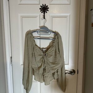 Celebrity Pink Green Ruched Long-Sleeve Peasant Blouse